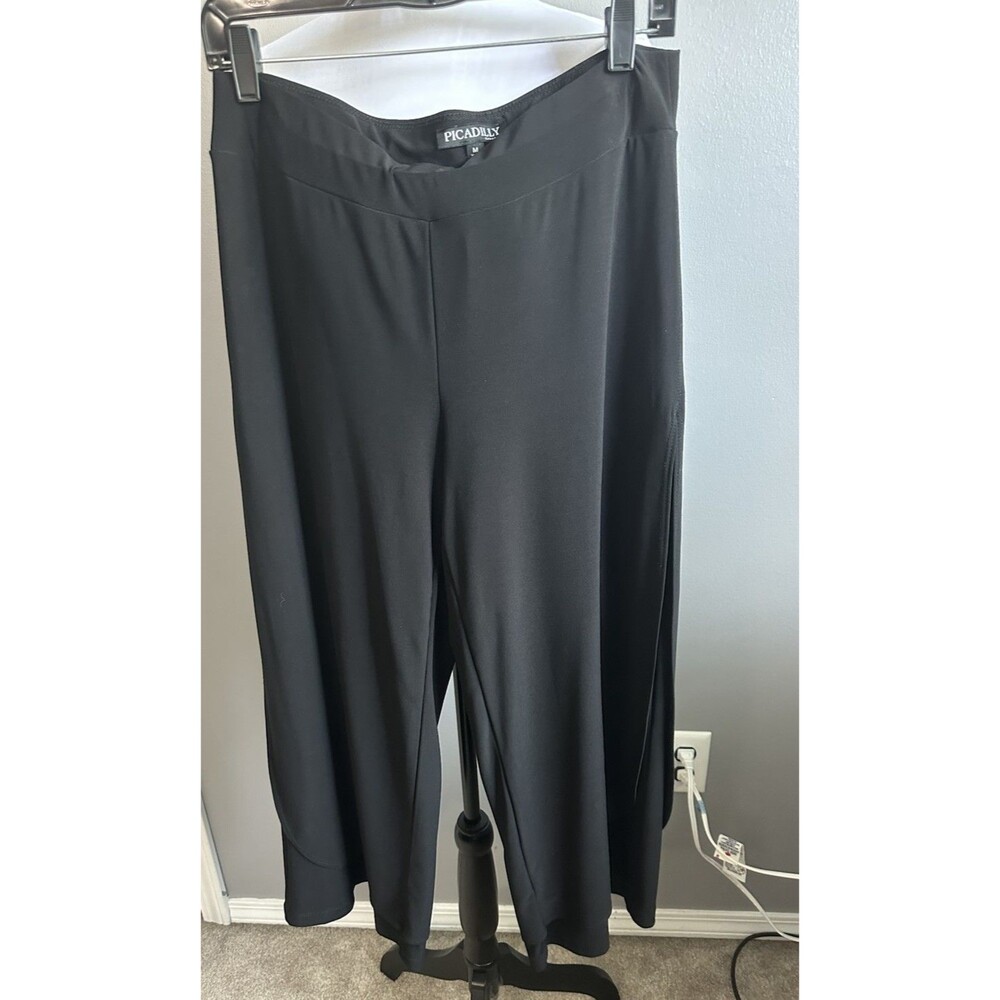 Women’s Slinky Side Slit Pull On Black Crop Dress Pants Size M Flowy Stretch EUC